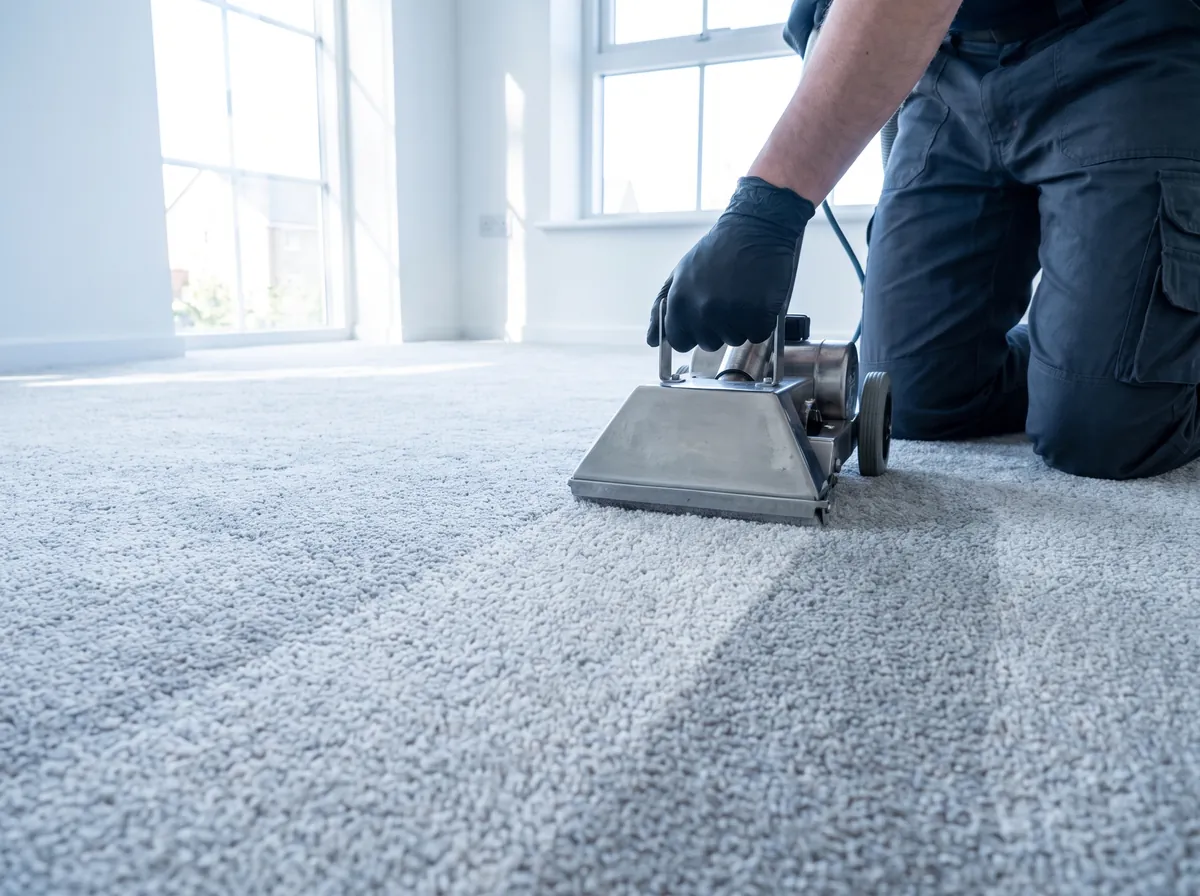 A low-moisture carpet cleaning machine leaving a clean stripe in a grey carpet