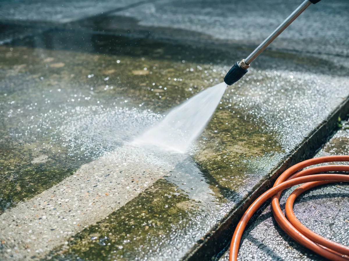 A pressure washer wand cutting a clean stripe through a dirty concrete walkway