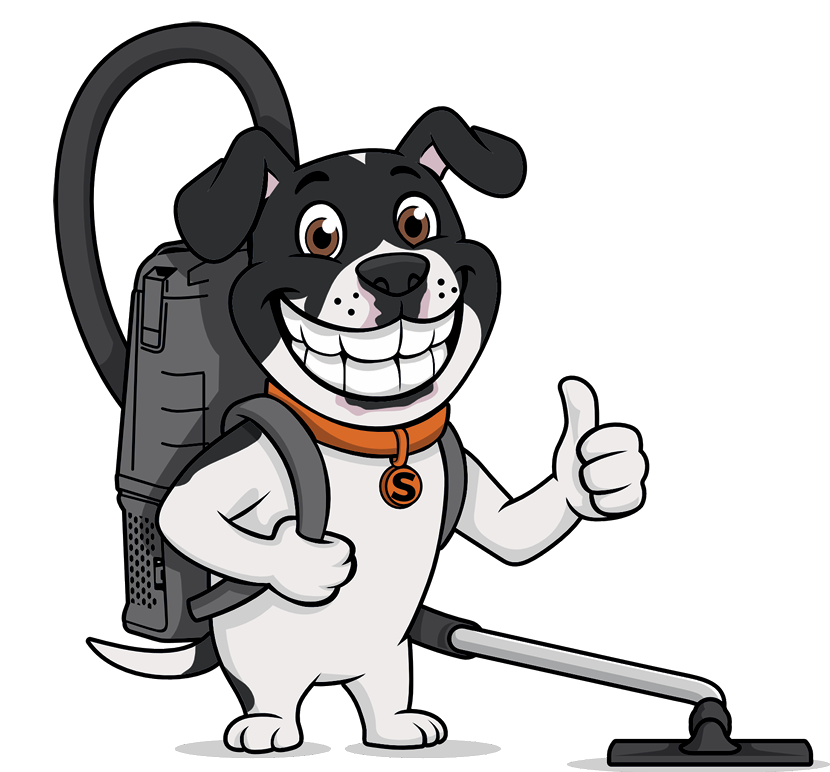 Scott's mascot, a smiling dog with a backpack vacuum giving a thumbs up