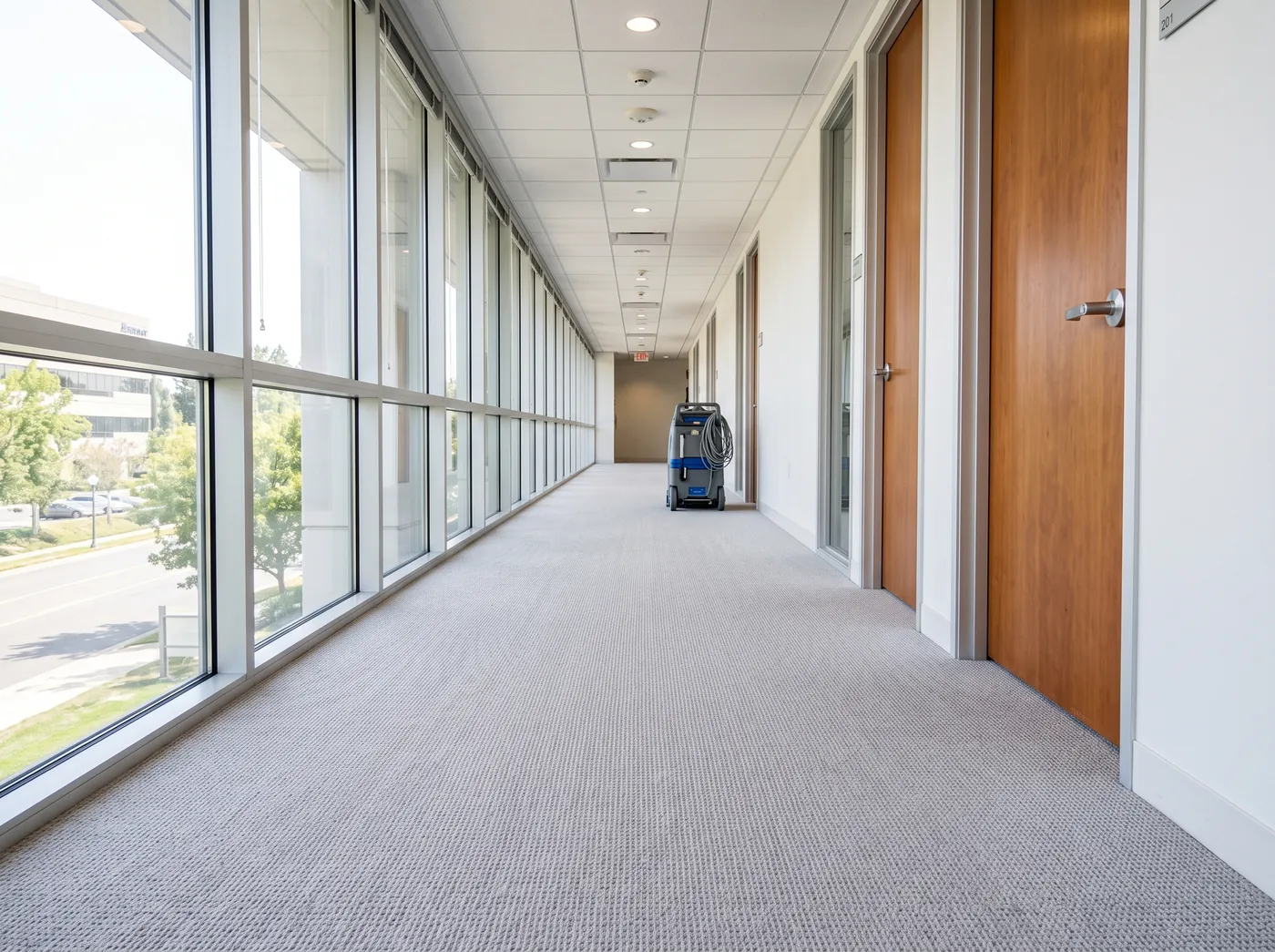 A freshly cleaned light grey carpet in a bright office hallway